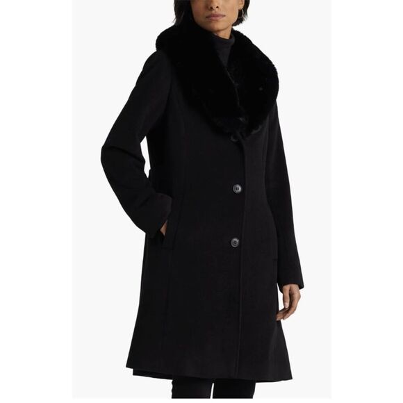 New RALPH LAUREN  Women's Faux Fur Shawl Collar Black Wool Blend Coat SZ 14 - Picture 2 of 6